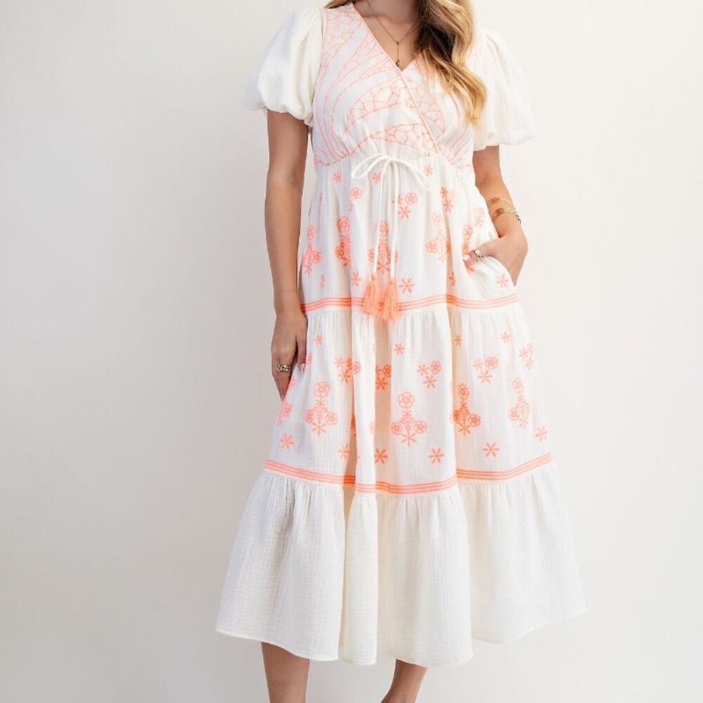 4-0509 Easel Embroidered Cotton Tiered Midi Dress